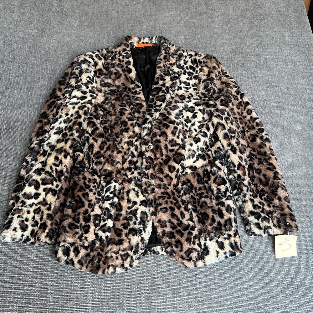 TALLIA Faux Fur Blazer Jacket Mens S Brown Black Leopard Print Concert Outfit